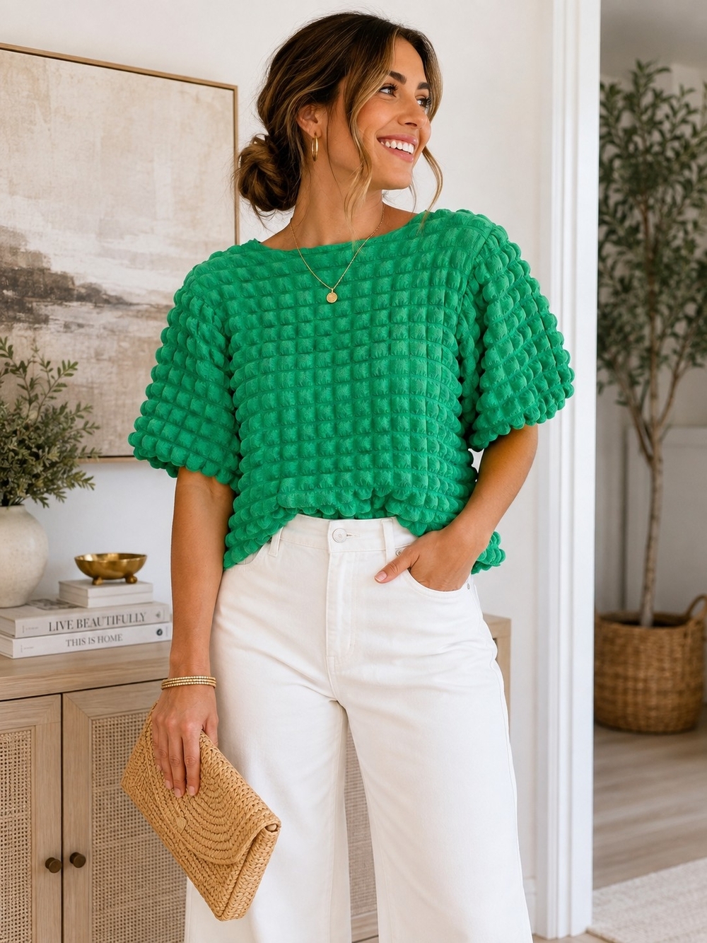 Ori + Ali Kelly Green Textured Bubble Sleeve Cropped Top Size M